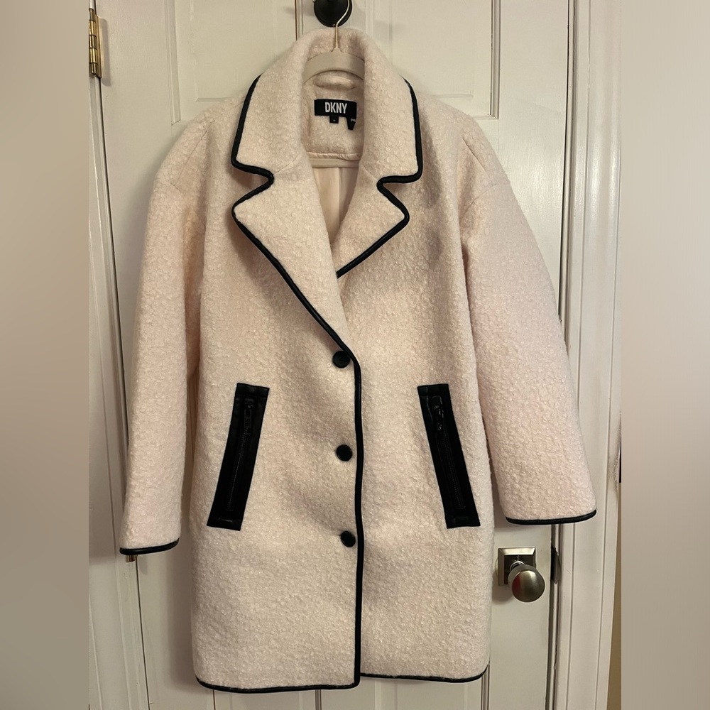 DKNY Cream Sherpa Coat with Black Leather Piping